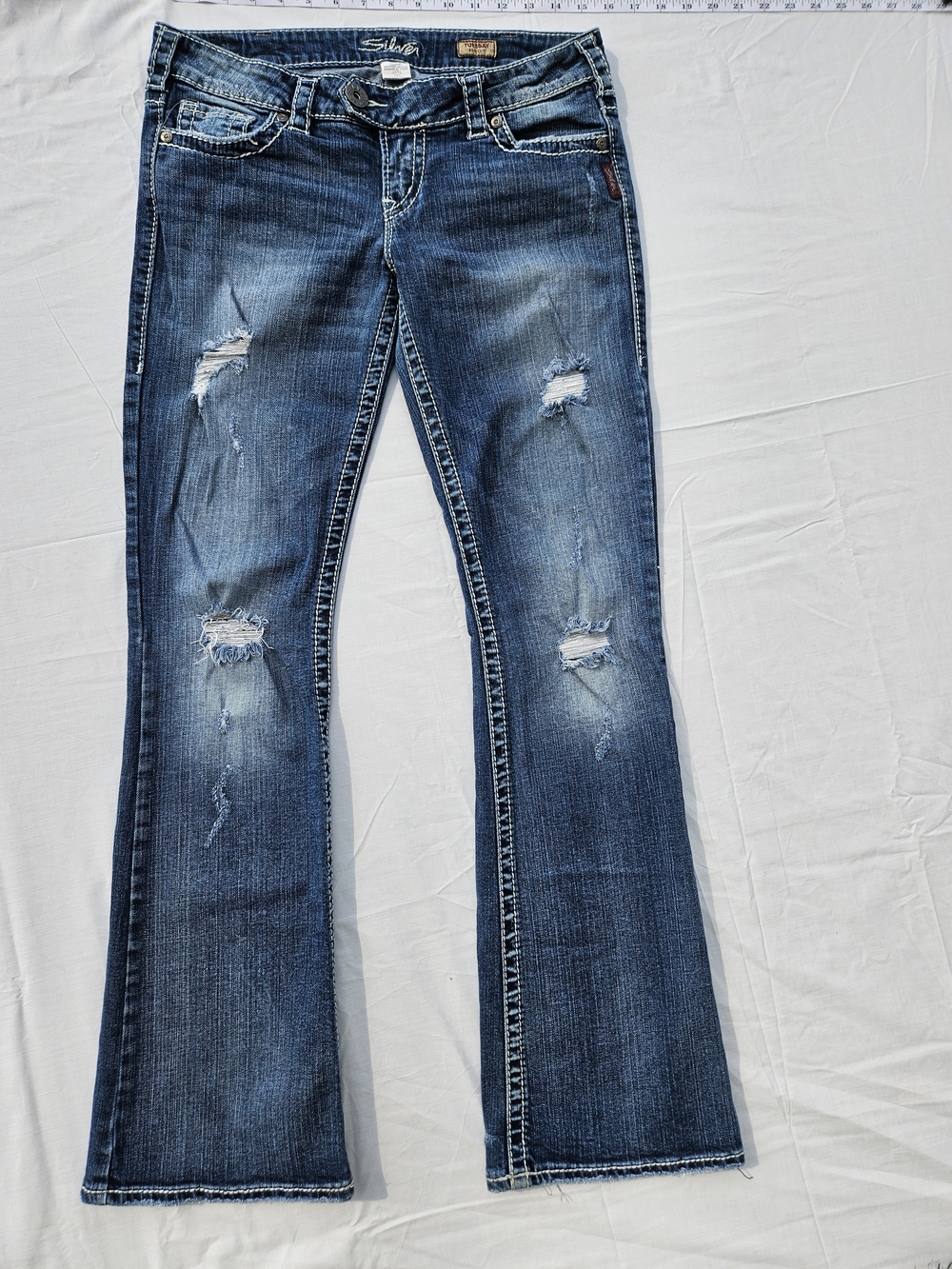 Women's  Silver Low RiseDistressed Blue Denim Bootcut Jeans Siz30